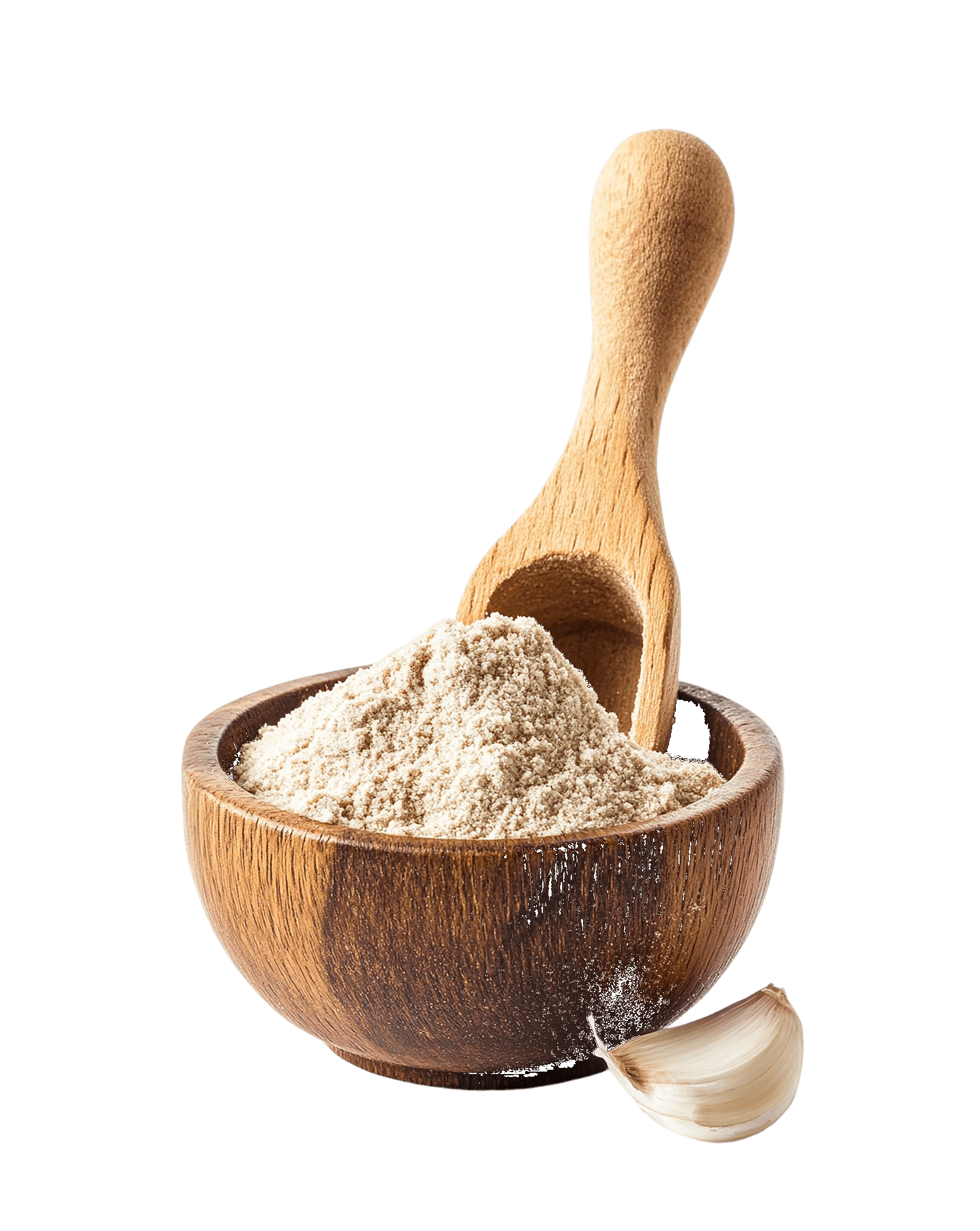 Wooden bowl with spices and garlic
